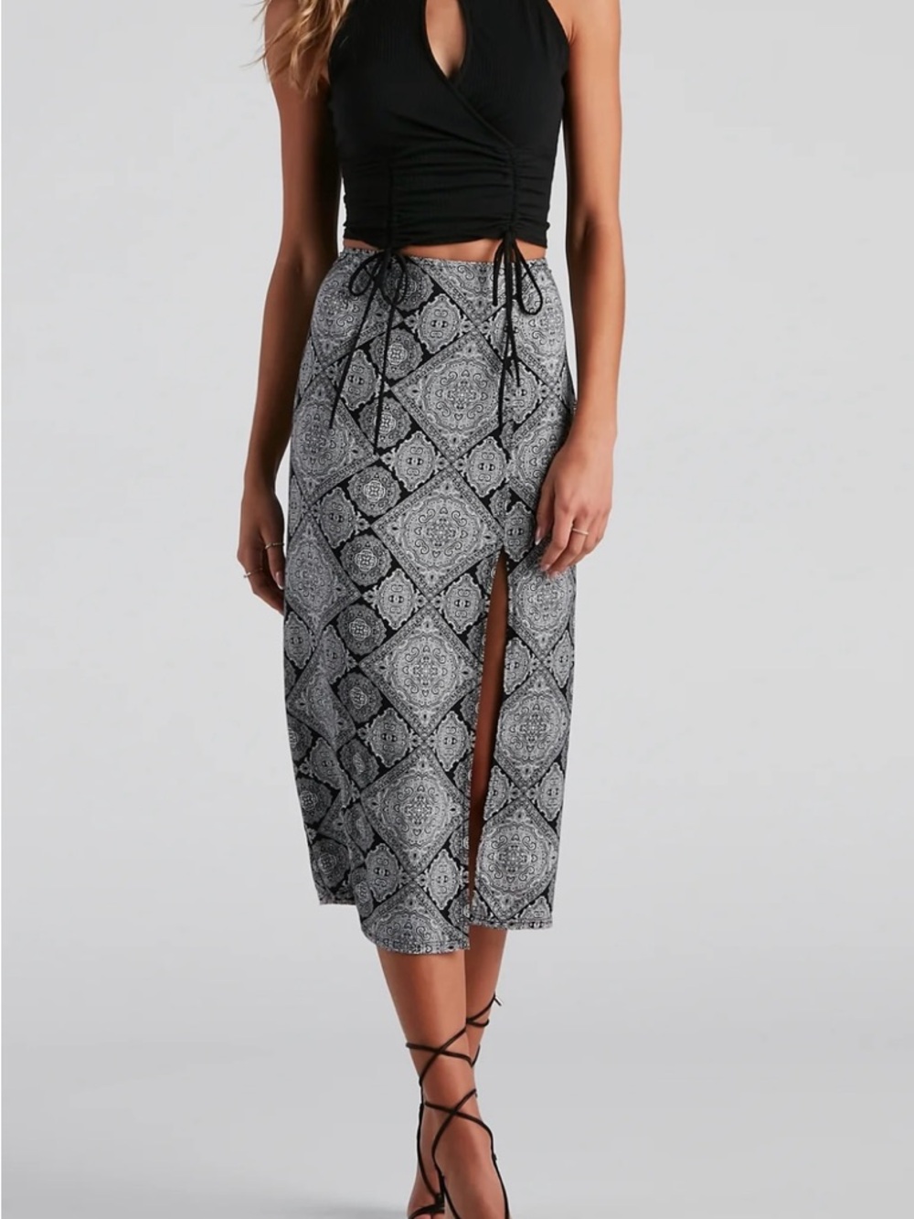NWT Windsor Challis Boho Slit Midi Skirt - Black & White Medallion - Small